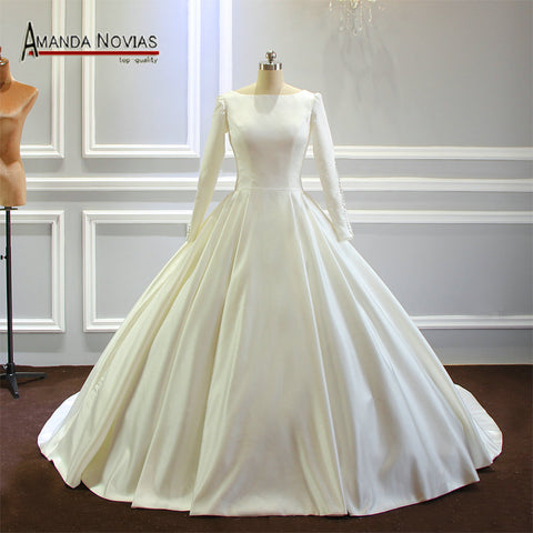 Simple Long Sleeves Satin Wedding Dresses with Train
